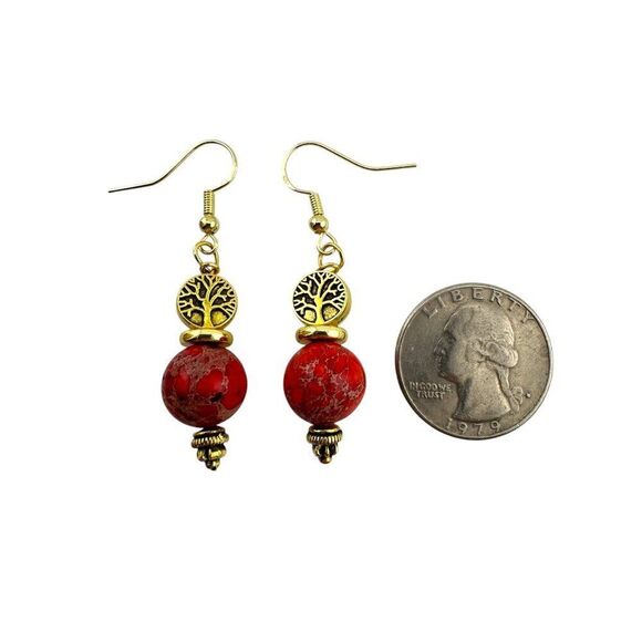 Red Imperial Jasper Earrings Sea Sediment Gemstones Gold Plated Earwires - Picture 5 of 9